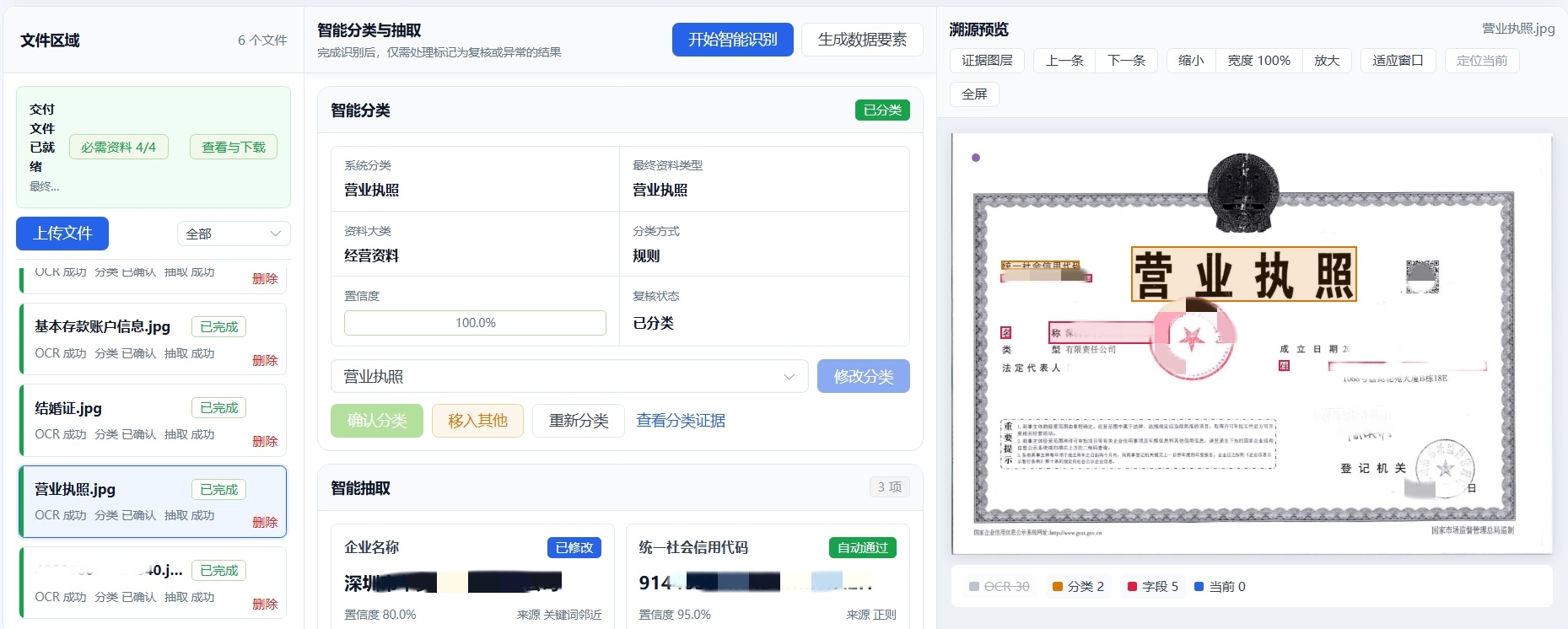 营业执照资料分类结果与来源溯源的脱敏能力验证 Demo