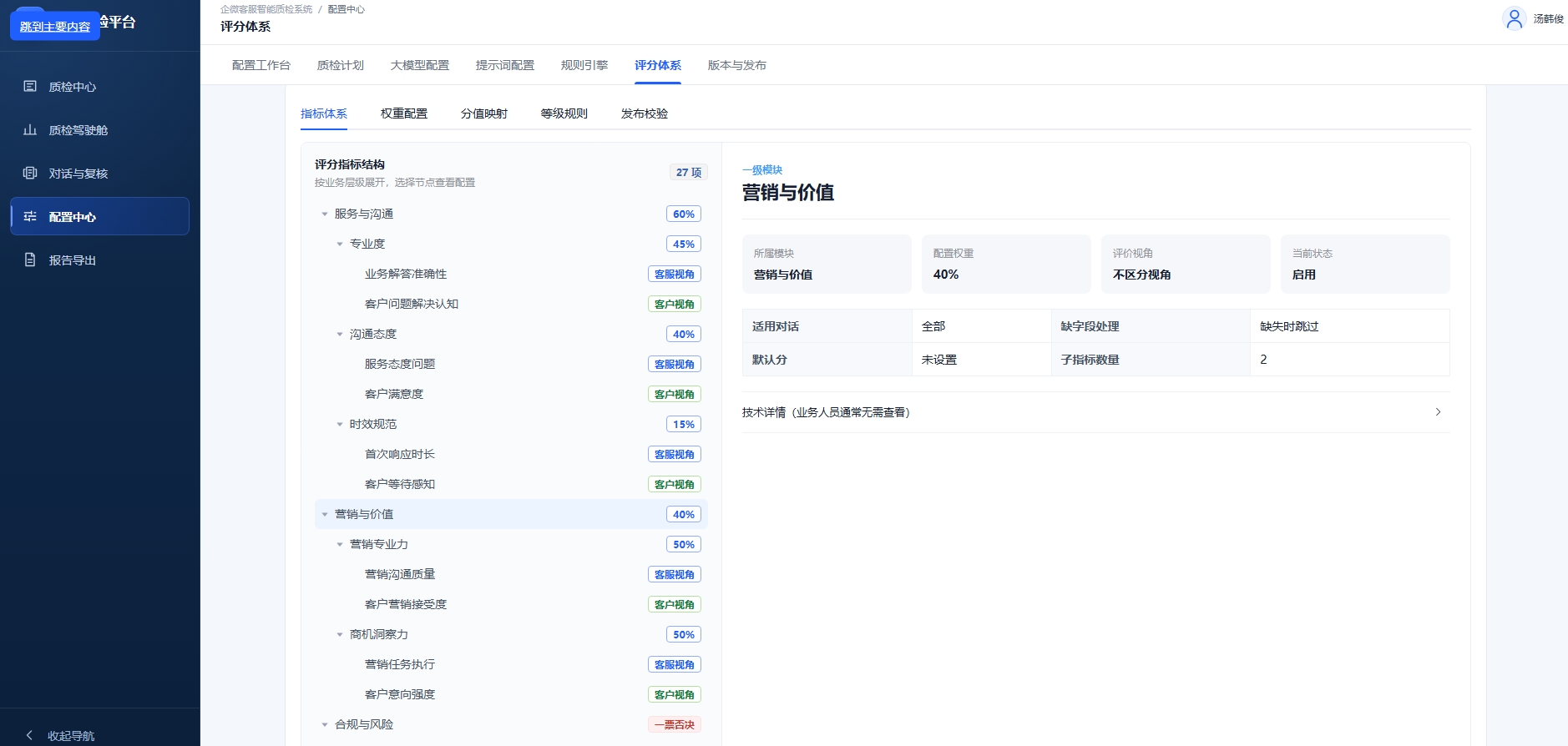 配置中心评分体系中的三级指标、权重和客服客户双视角配置